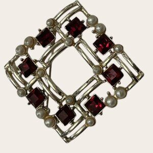 Estate Sarah Coventry Vintage Gold-Tone Brooch W/ Red Rhinestones & Faux Pearls